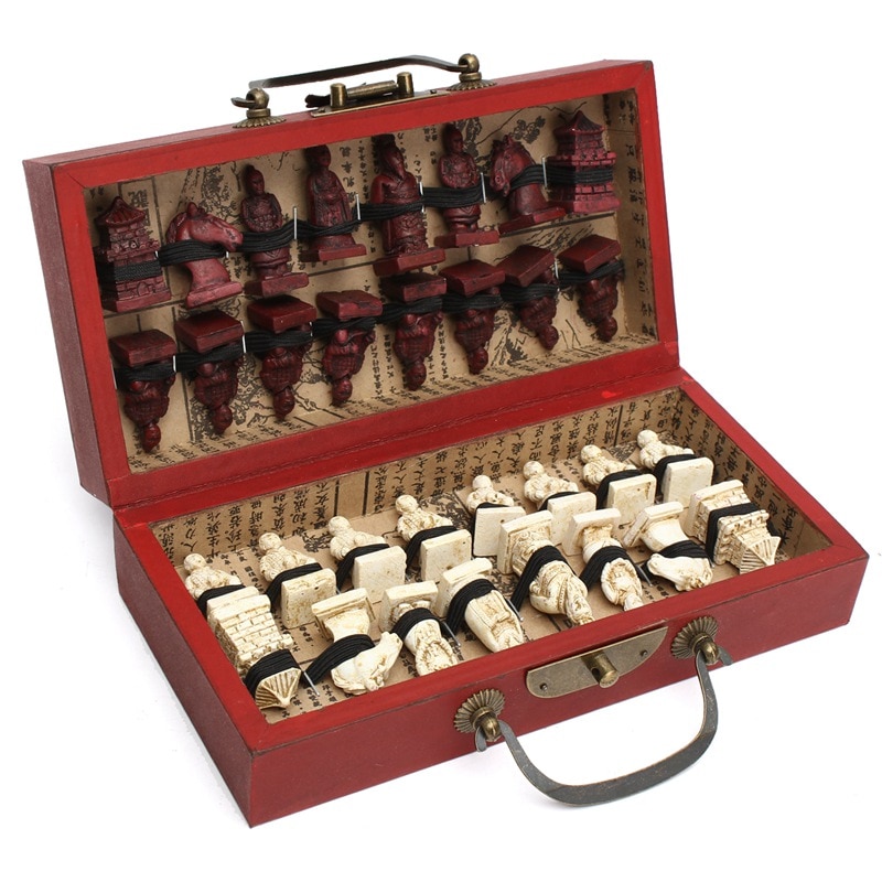Caja de cuero de madera china con 32 piezas de figuras de terracota, juego de ajedrez, entretenimiento, Damas, juegos tradicionales: Default Title