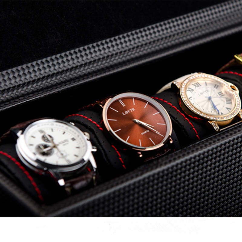 5 Slots Carbon Fibre Horloge Box Organizer Zwart Horloge Case Opslag Mannen Horloge Display Case