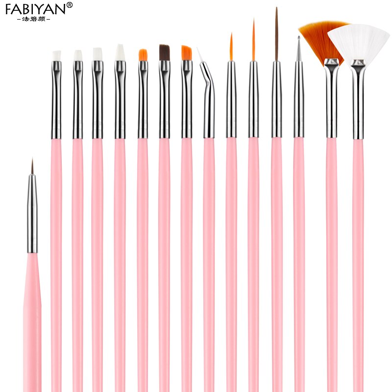 15 Pcs Set Roze Nail Art Tips Polish Schilderen Gel Uv Acryl Puntjes Drawing Pen Brush Fan Flat Builder manicure Gereedschap