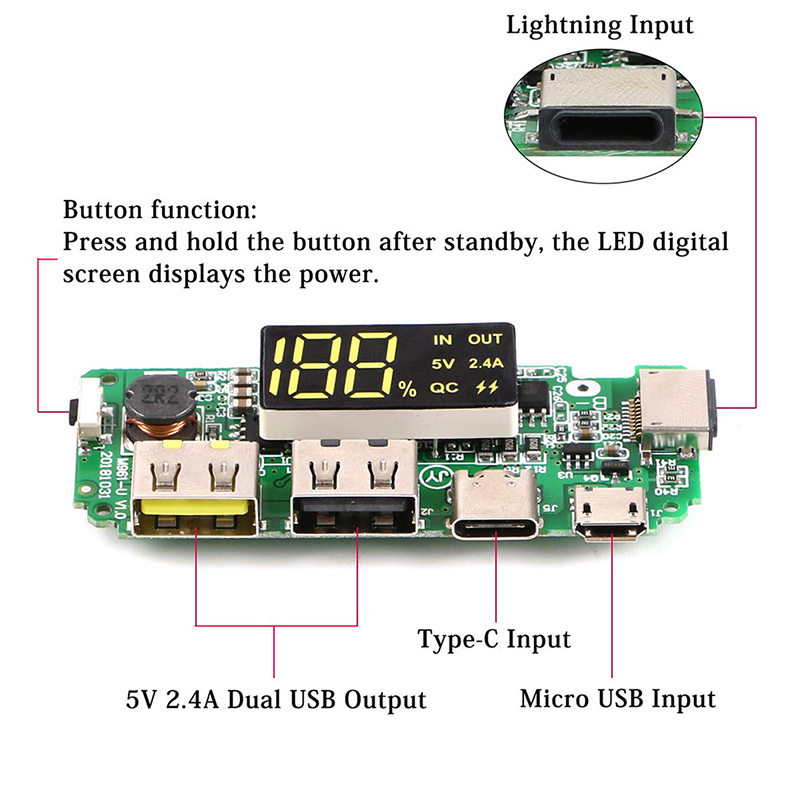 USB 2.4A Mobile Power Bank Charging Module Lithium Battery LED Dual USB 5V 2.4A Micro/Type-C USB Charger Board