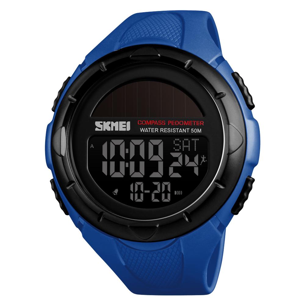 Skmei solenergi menn digital elektronisk kompass klokker 50m vanntette skritteller sport verdenstid kalorier el lette mannlige armbåndsur: Blå