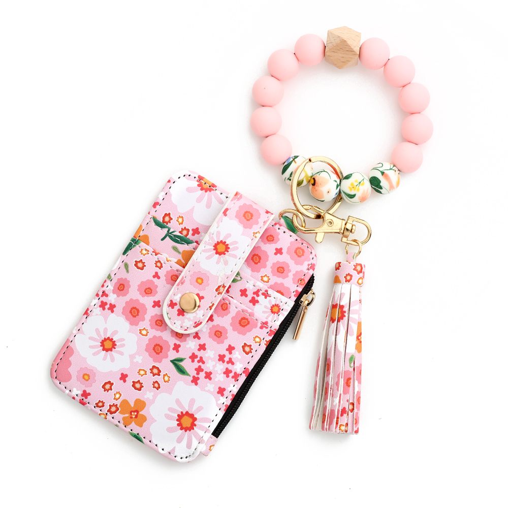 Silicone bead pu leather key chain wristlet id credit card holder keychain wallet for women Pink Flower Print Wallet: Beige