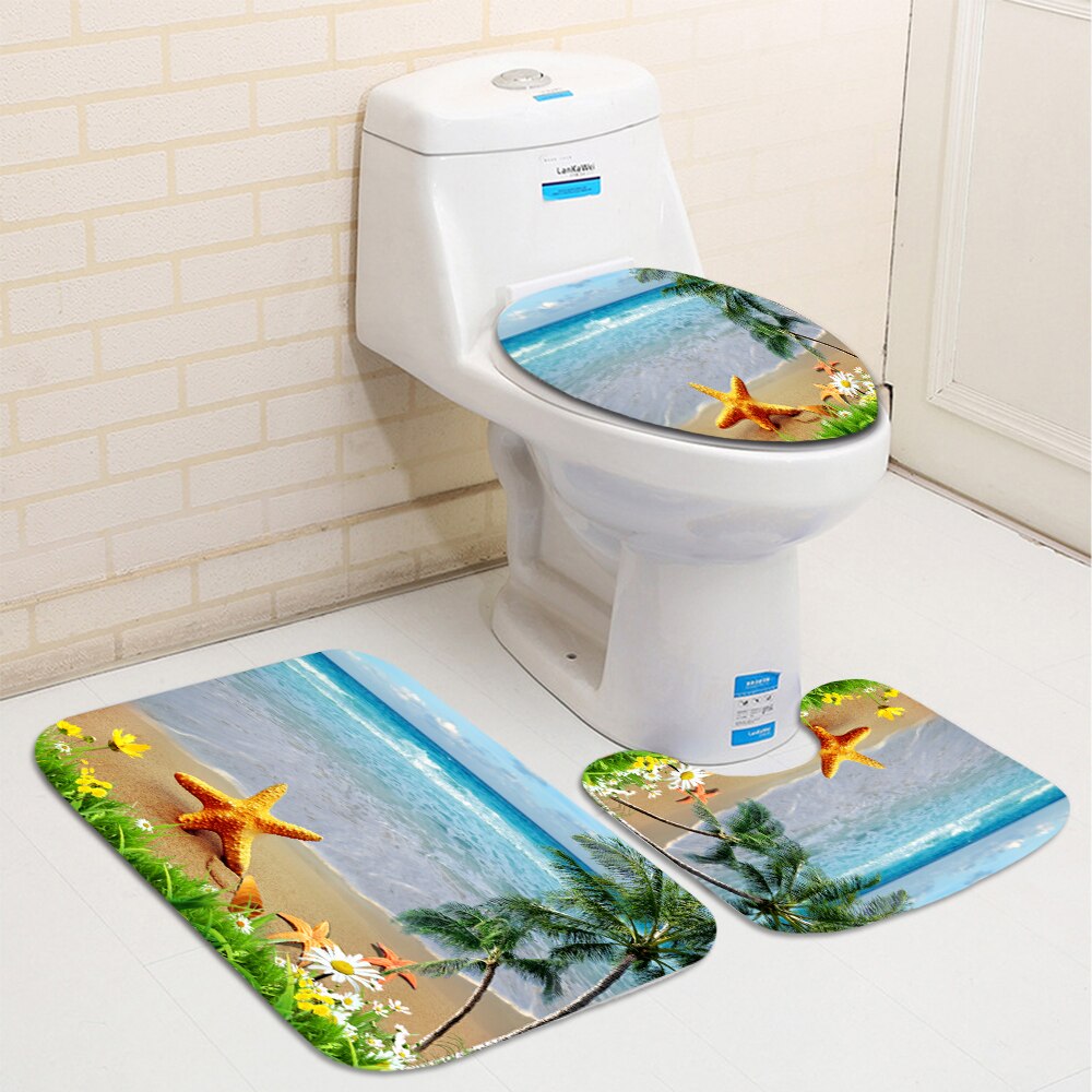 Conch Starfish Shell Shower Curtain Bathroom Curtains Non Slip Beach Style Pattern Anti-skid Carpet Toilet Lid Cover Bath Mat: H 3PCS