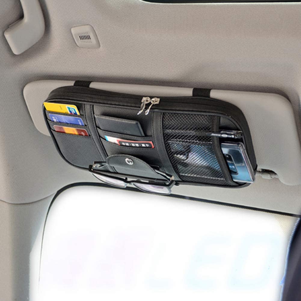 Car Sun Visor Organizer Auto Pocket Organizer Car Truck SUV Storage Pouch Glasses Bill Pen Card Holder Multi-Pocket Net Zipper: Black -2 Zipper