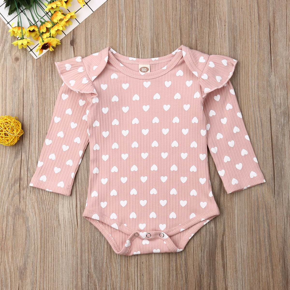 Pudcoco Lente Herfst Kleding Pasgeboren Kids Baby Meisjes Jongen Geribbelde Kleding Ruche Harten Jumpsuit Vliegen Lange Mouw Bodysuit Outfit: Roze / 3M