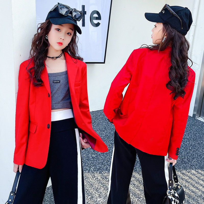 Blazer + gilet + pantaloni rossi per ragazze con set di abbigliamento a tre pezzi a strisce laterali primavera abiti per bambini moda Costume formale di lusso