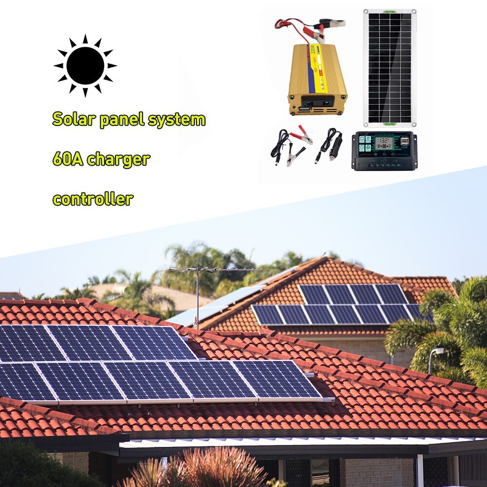 Solar Panel System 220V 30W Solar Panel + 220W Inverter + 60A MPPT Controller Inverter Solar Power System USB For Power Charging