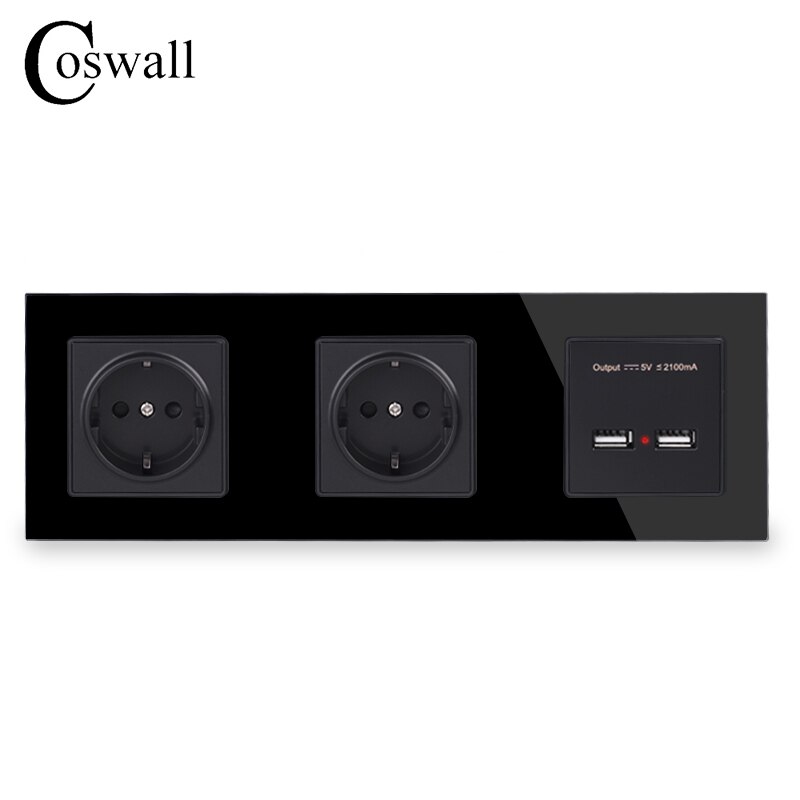 Coswall væg krystalglas panel dobbelt stik 16a eu stikkontakt dobbelt usb smart opladningsport 5v 2a output sort farve: Sort