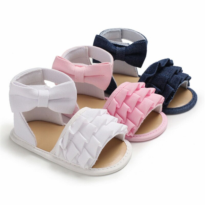 Nova moda infantil do bebê menina sandálias sola macia da criança sapatos de verão plissados babados meninas arco-nó sandália