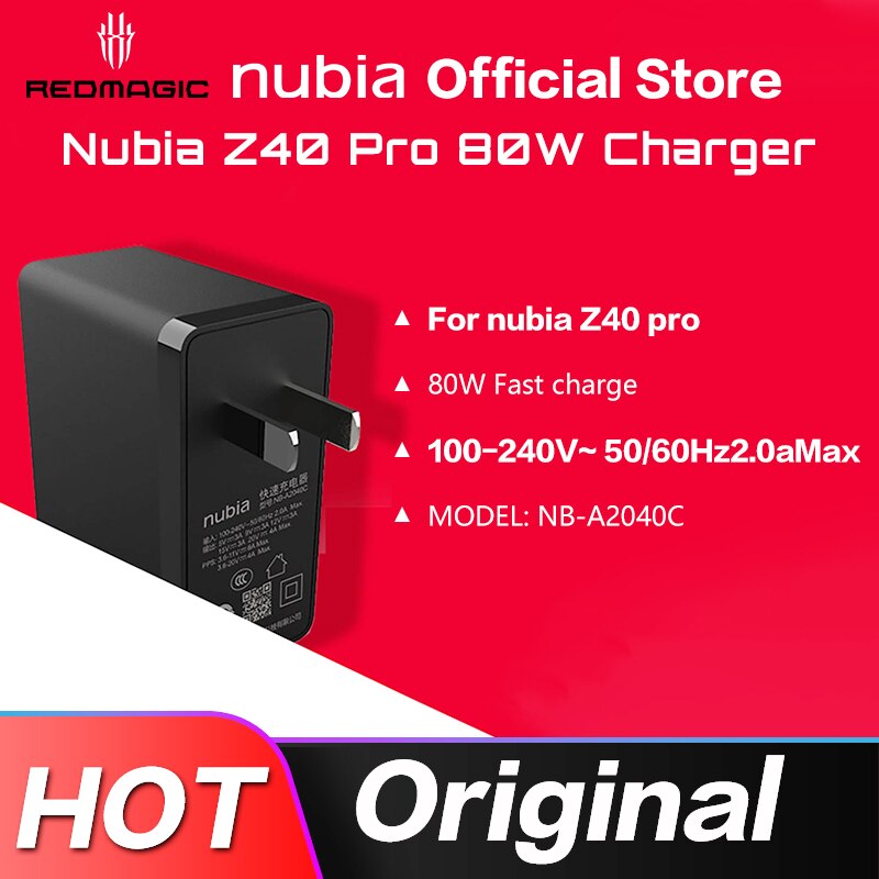 ZTE-cargador de energía Nubia, 80W, Gan, para modelo de teléfono Z40 Pro, NB-A2040C