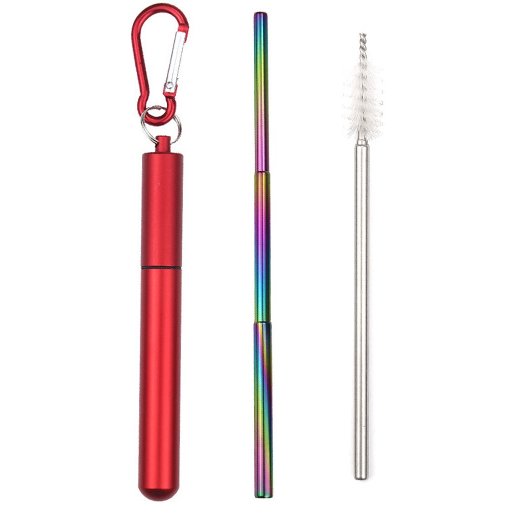 Reusable Stainless Steel Straws with Aluminium Keychain Case Cleaning Brush Collapsible Telescopic Portable Drinking Straws: Red