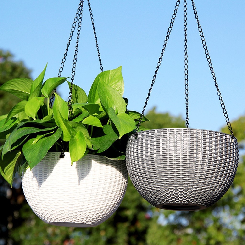 20# Chain Hanging Planter Round Self-watering Basket Automatic Water Supply Flowerpot Resin Woven Wicker Style Flower Pot
