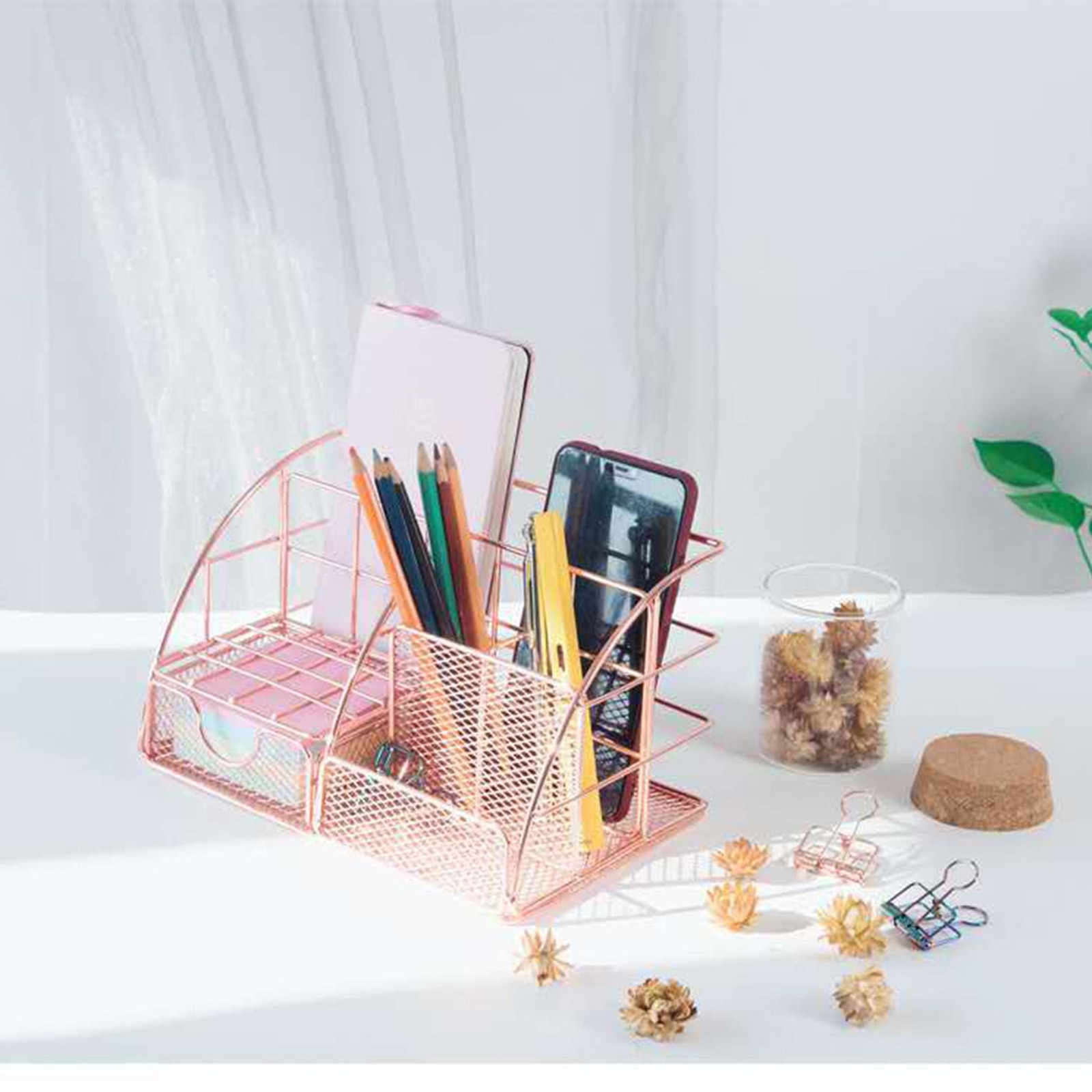 Rose Gold Desktop Organizer For Women Mesh Desk Accessories,office Supplies Holder With Drawer For Office Home And Dorm