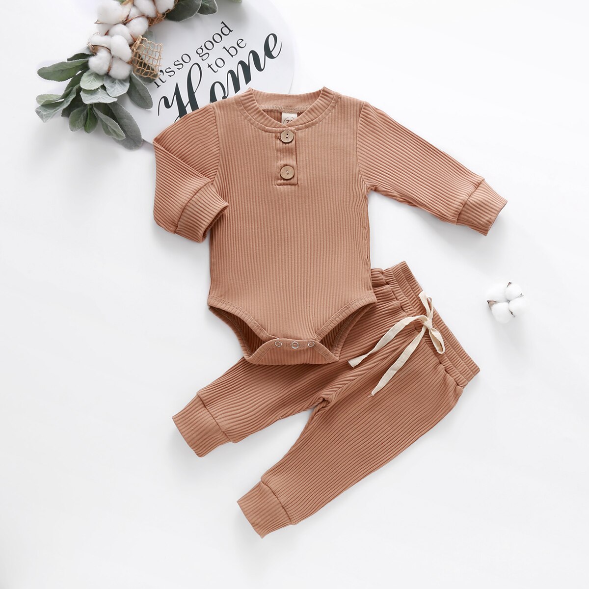 Ensemble 2 pièces pour bébé, barboteuse et pantalon, couleur unie, col rond, manches longues, pour filles et garçons: 2