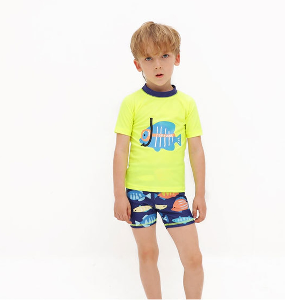 3 stk sæt drenge split badetøj børn udendørs strand badetøj sommer dykning fisk t-shirt+kort+hat badedragt: 7tm