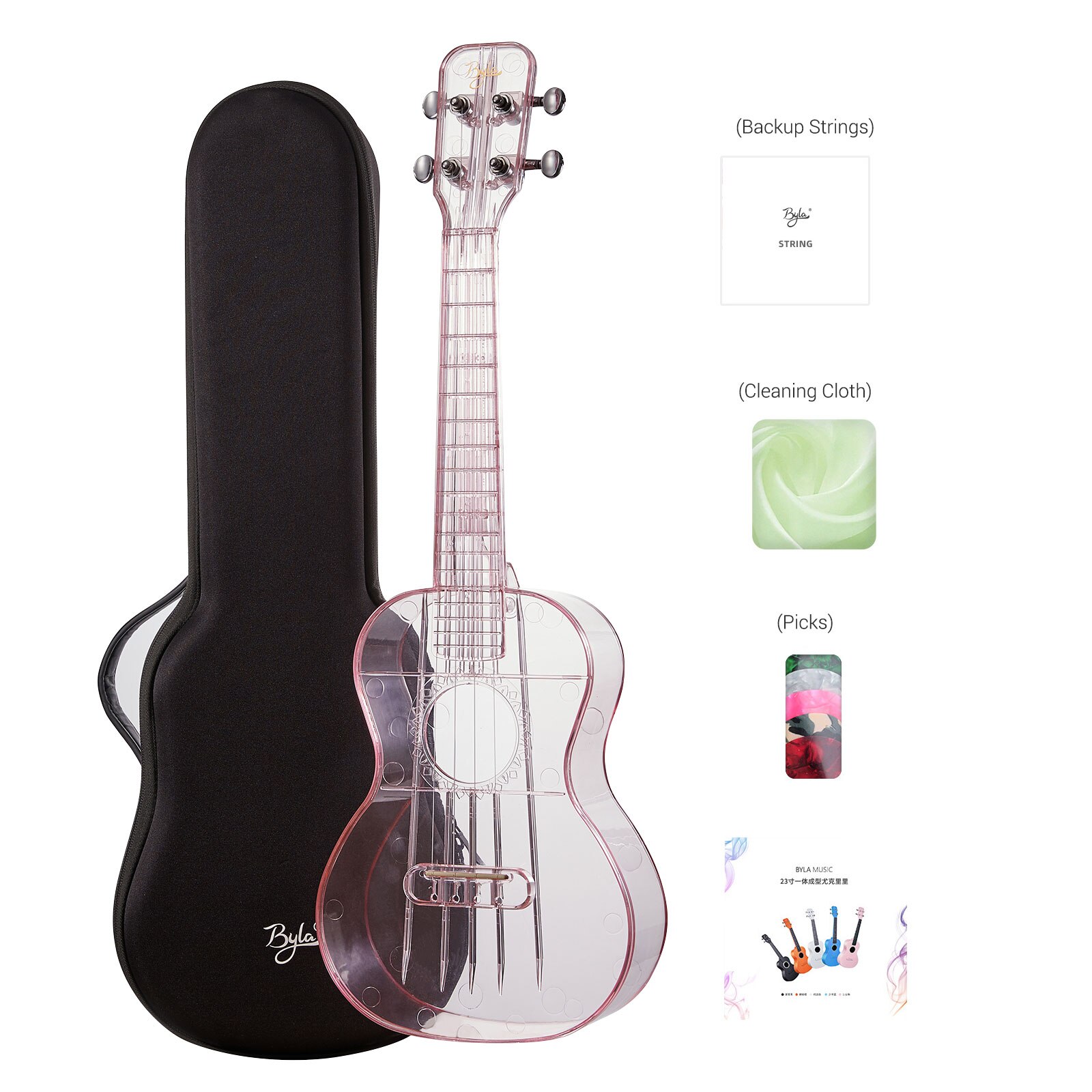 Ukelele transparente Air-nova de 23 pulgadas, instrumento con bolsa para Gig, púas, paño de limpieza, libro de música, mini Guitarra: Transparent Pink