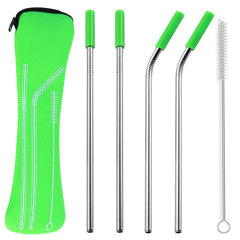 1 set Reusable Stainless Steel Straws Straight Bent Drinking Straws with Silicone Tips Cold Beverage Metal Drinking Straw: green 4pcs