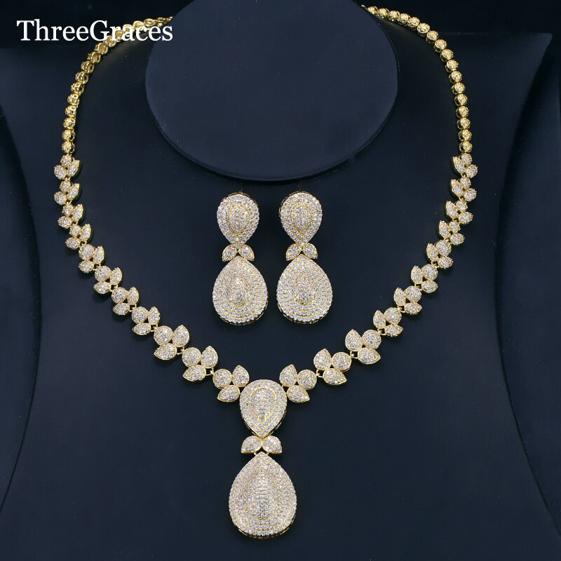 ThreeGraces Vintage Licht Gold Farbe Cubic Zirkon Micro Pflastern Große Peardrop Afrikanische Hochzeit Schmuck Sets Für Frauen JS144: Default Title