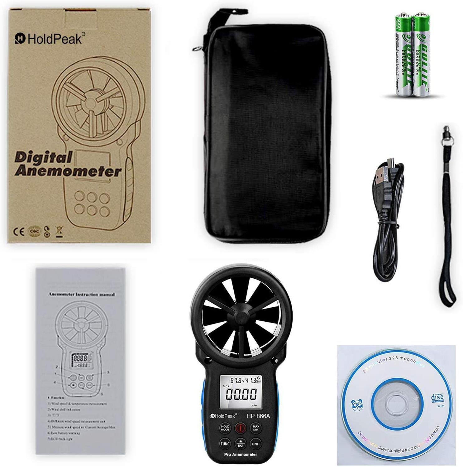 HoldPeak 866A Digital Anemometer - Wind Speed Meter Measures Wind Speed,Temperature,Wind flow with Data Hold & USB