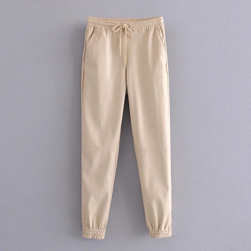 Aachoae dames lange pu leren broek met trekkoord, sportieve stijl, lange joggingbroek voor dames, baggy casual kokerbroek, damesbroek: Abrikoos / Ik