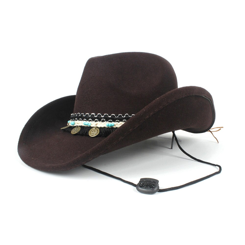 Kvinder kvast uld hule vestlige cowboy hat roll-up brim lady outblack sombrero hombre jazz cap vind reb størrelse 56-58cm: Kaffe