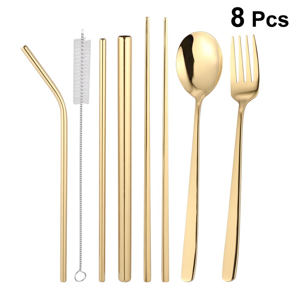 8Pcs Rvs Servies Set Outdoor Draagbare Lepel Vork Eetstokjes Rietjes Servies Kit (Zilver, met Zwarte Tas)