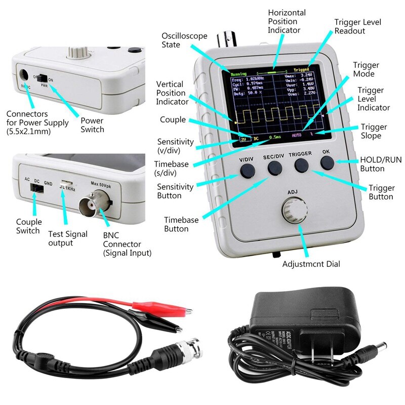 Updated 2.4-Inch Tft Digital Oscillator Kit with Power Supply and Bnc-Clip Cable Probe Q15001 (Assembled Finished Machine),Us Pl