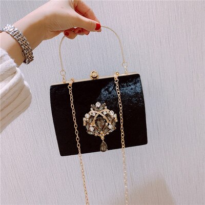 Luxury Boxed Evening Bag Velvet Retro Square Handbag Female Diamond Clutch Bag Gold Wedding Party Purse: black