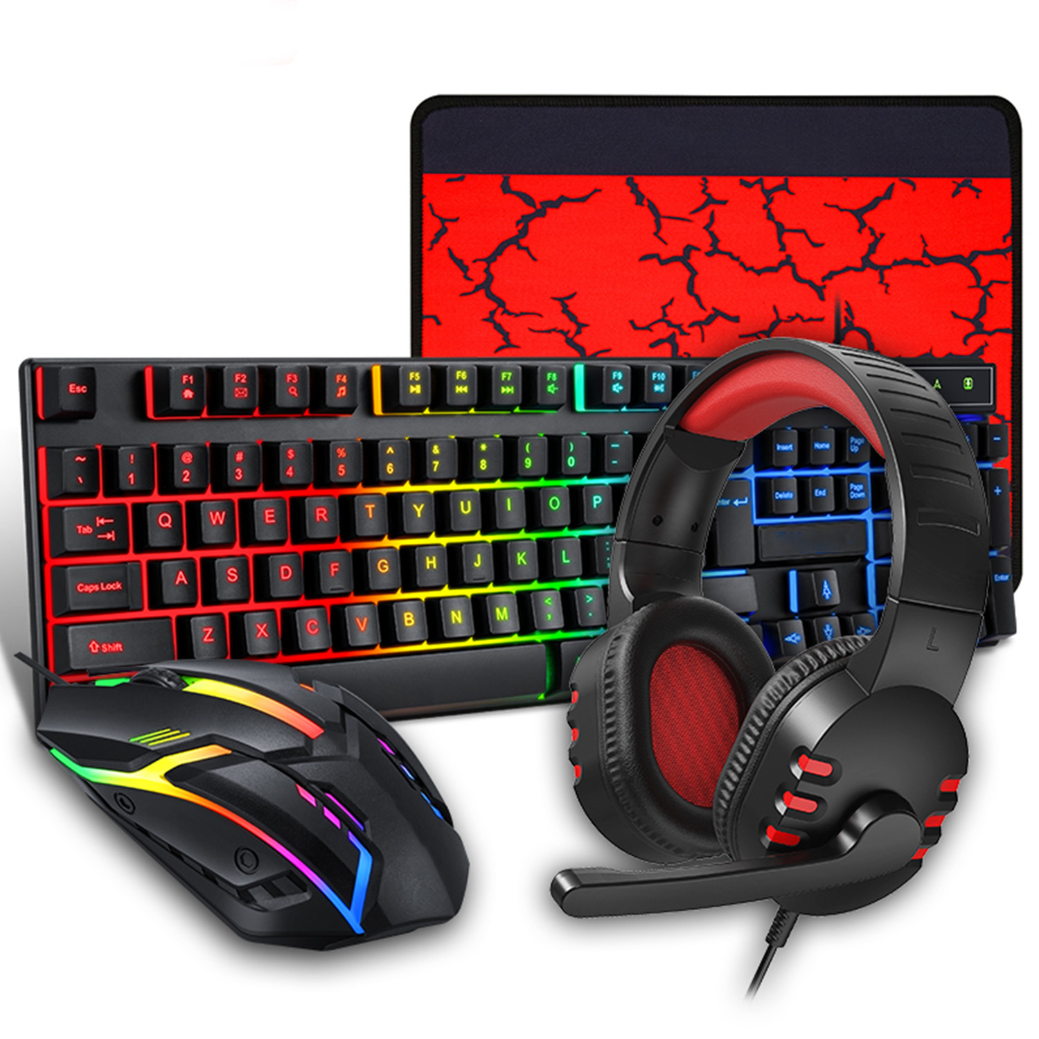 Esports Set 4 In 1 Kit Wired RGB Backlit Gaming Keyboard and Mouse Headset Combo,Rainbow LED Backlit Wired Keyboard For Gamer