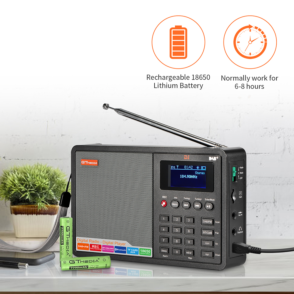 GTMEDIA D1 DAB/FM Przenośne radio Obsługa kart BT\TF Odtwarzacz cyfrowy Obsługa zegara/alarmu/zegara snu z zabezpieczeniem czasowym Wejście AUX