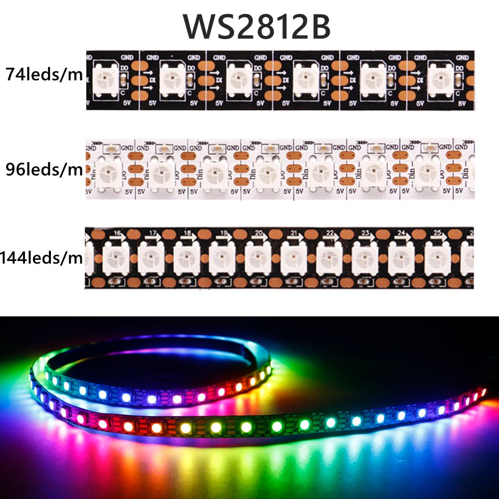Tira de luces Led DC5V WS2812B 74/96/144leds/m direccionable individualmente inteligente 5050RGB WS2812 píxeles luz Led IP30/65/67 PCB negro/blanco