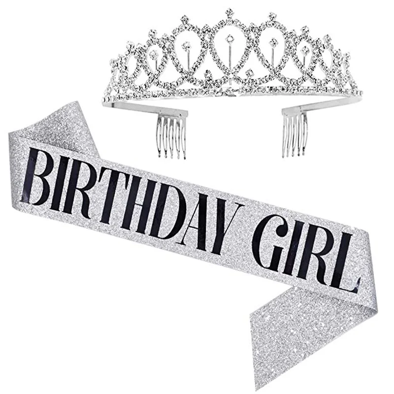 Bling Rhinestone Crystal Crown Tiara Birthday Anniversary Decoration Happy 18 21 30 40 50th Birthday Satin Sash Party Supplies: Blue