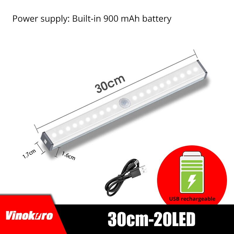 LED veilleuse capteur de mouvement armoire lampe USB Rechargeable placard nuit lampes pour garde-robe cuisine chambre étape éclairage: 30CM-20LED / Warm white light