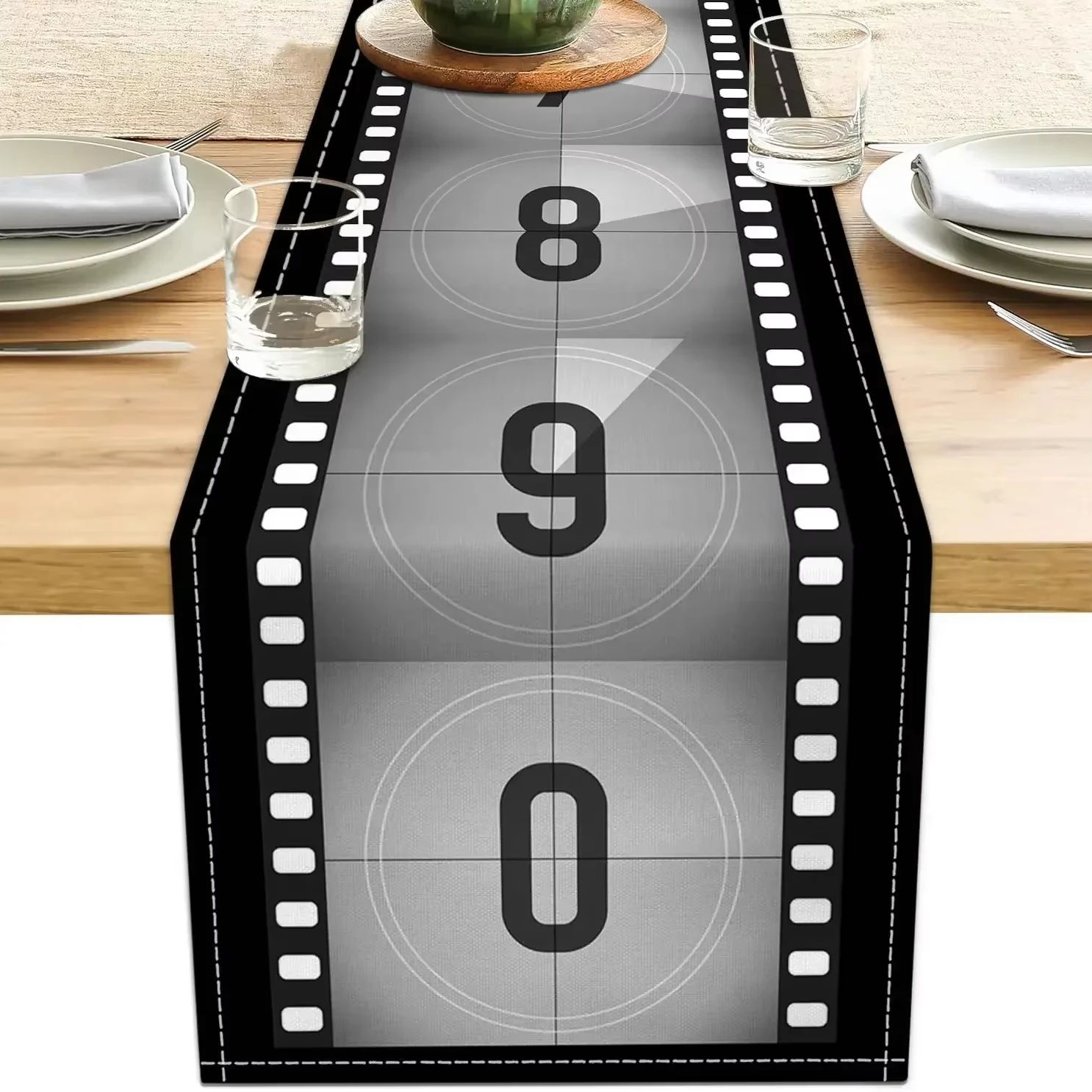 Filmthema tafelloper countdown, zwart wit linnen voor keukenfestival en feestsetting: S