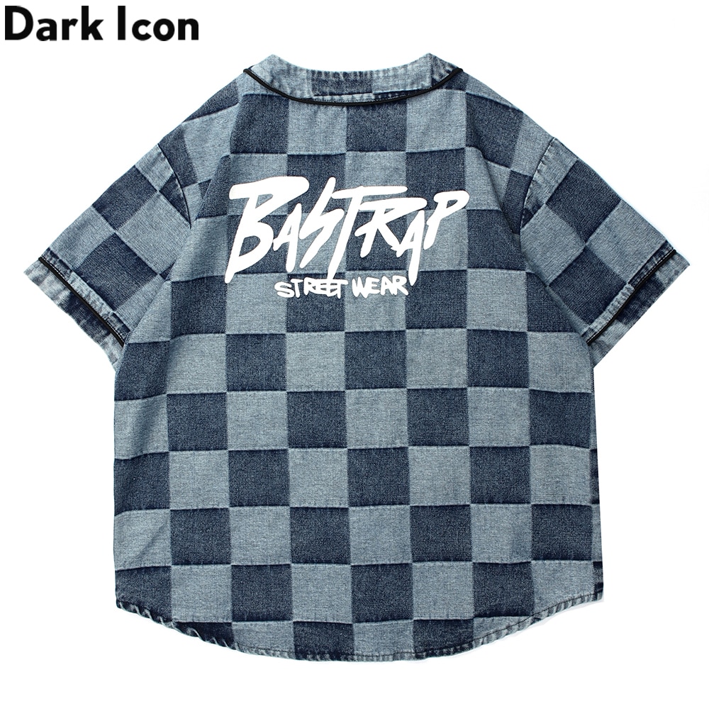 Dark Icon Plaid Denim Baseball Shirt Letters Printed Hip Hop Shirts Men Streetwear Outerwear Men's Shirt Short Sleeve