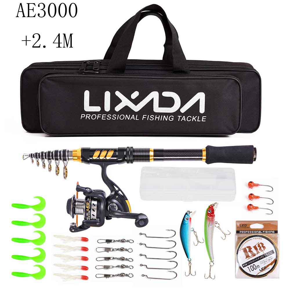 Lixada-Combo de caña de pescar telescópica y carrete, Kit completo de engranaje giratorio de carrete de pesca, juego de polos organizador con señuelos de línea de pesca de 100M: B240M