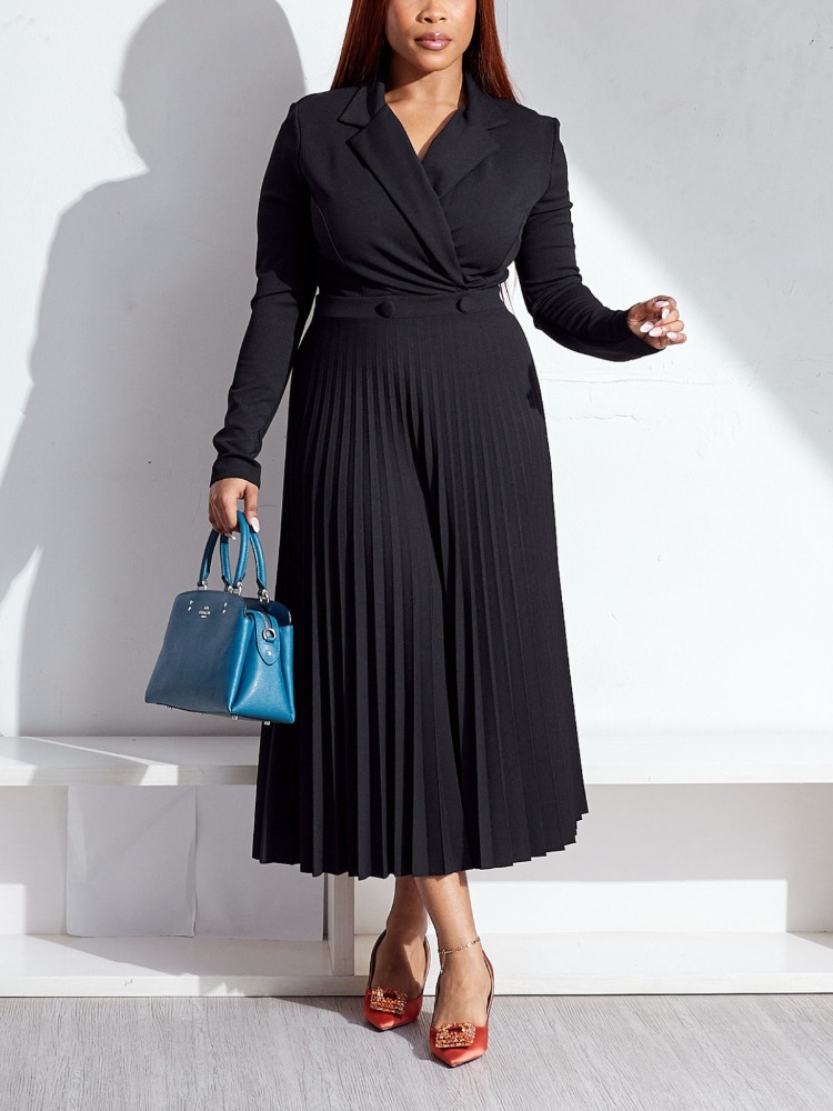 Vestidos plisados elegantes para mujer, vestido de oficina con cuello con muescas, botones de manga larga, corte imperio, informal, novedad de otoño: L / Negro