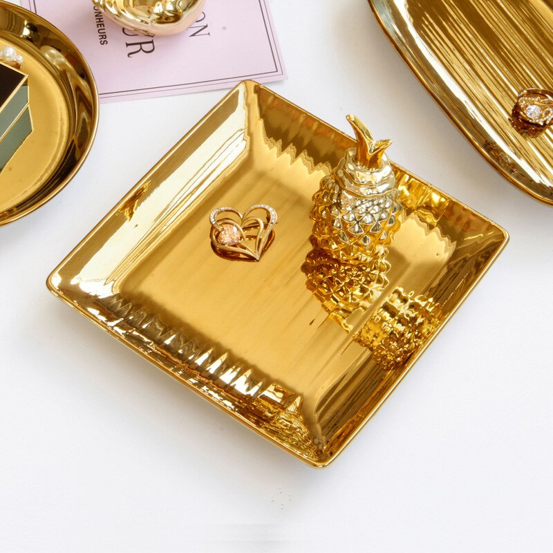 Juego de platos de cerámica y oro de lujo europeo, bandeja pequeña, placa de colección de joyas, muebles para el hogar: E