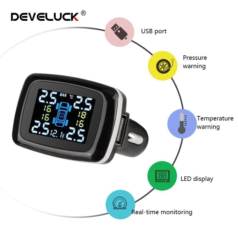 TPMS cigarette lighter car tire pressure high sensitivity alarm system external internal sensor LED display USB external port
