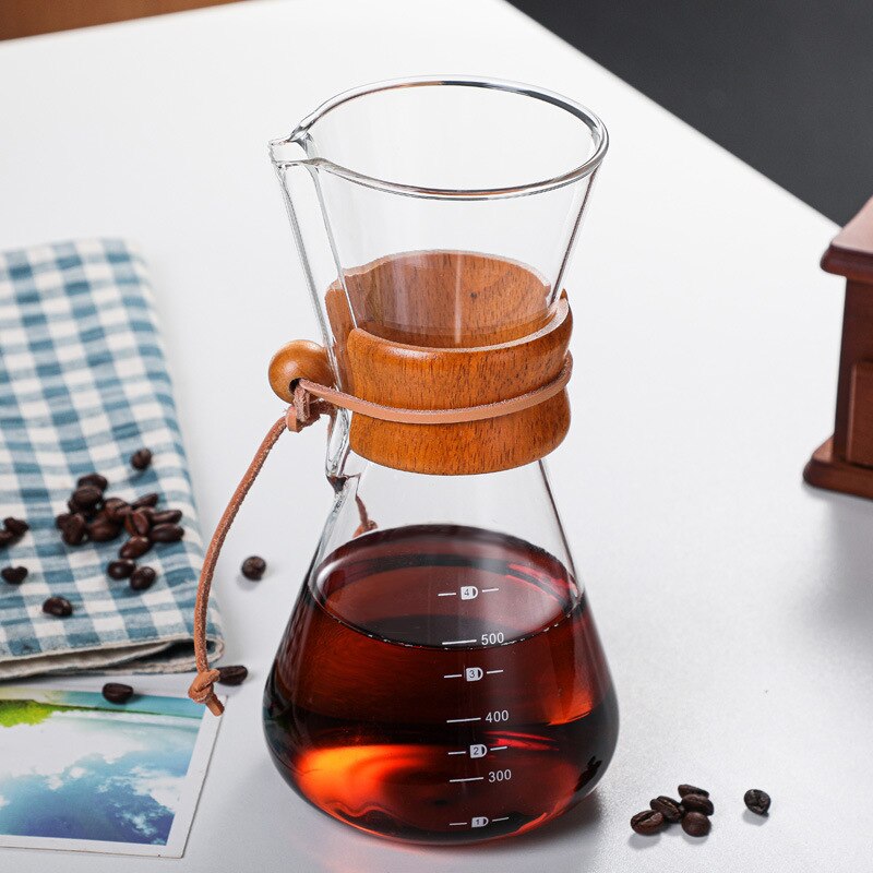 Olla de vidrio para café hecha a mano resistente al calor, juego de filtros para compartir mango de madera, adecuado para el hogar y la Oficina, 400/600/800ML: 600ML