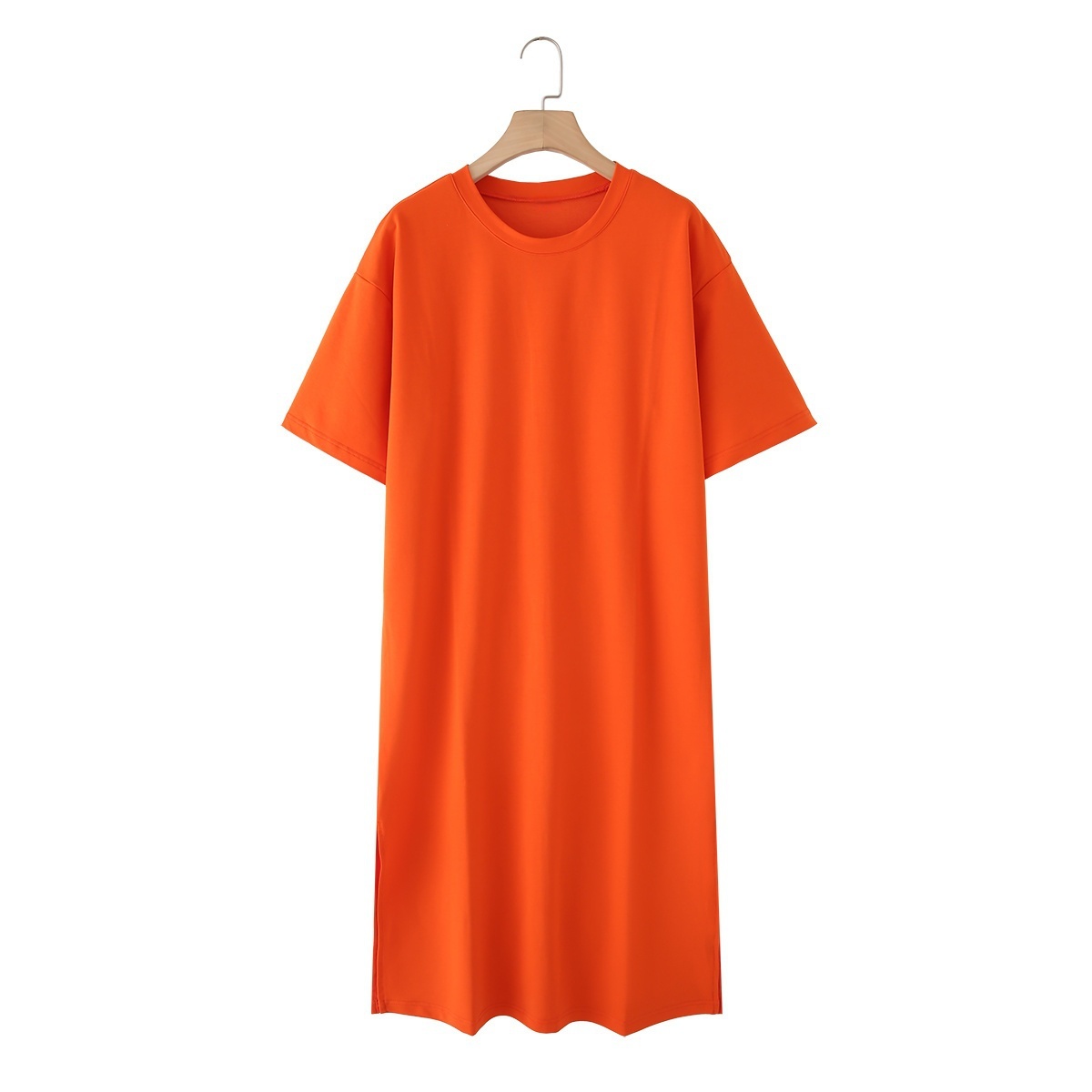 UNIZERA Summer Women's Lazy Simple Short-sleeved Round Neck T-shirt Dress Versatile Loose Slit Long Skirt: M / Orange