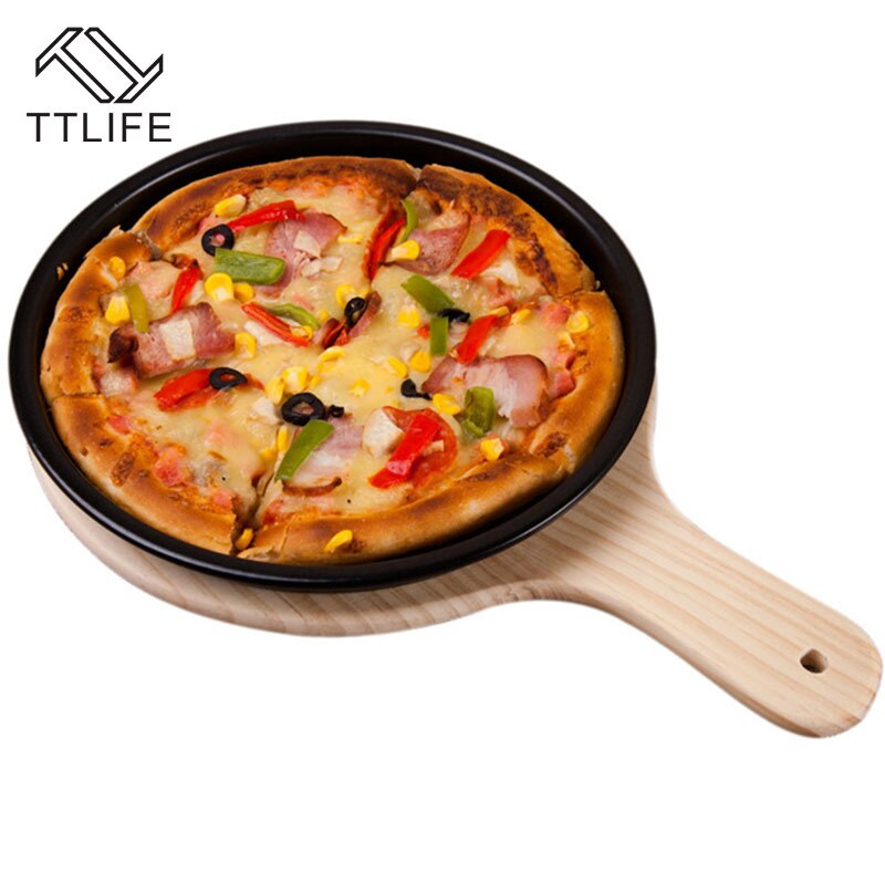 Ttlife trä pizzabräda rund med hand pizza bakplåt pizza sten skärbräda tallrik pizza tårta bakverk verktyg