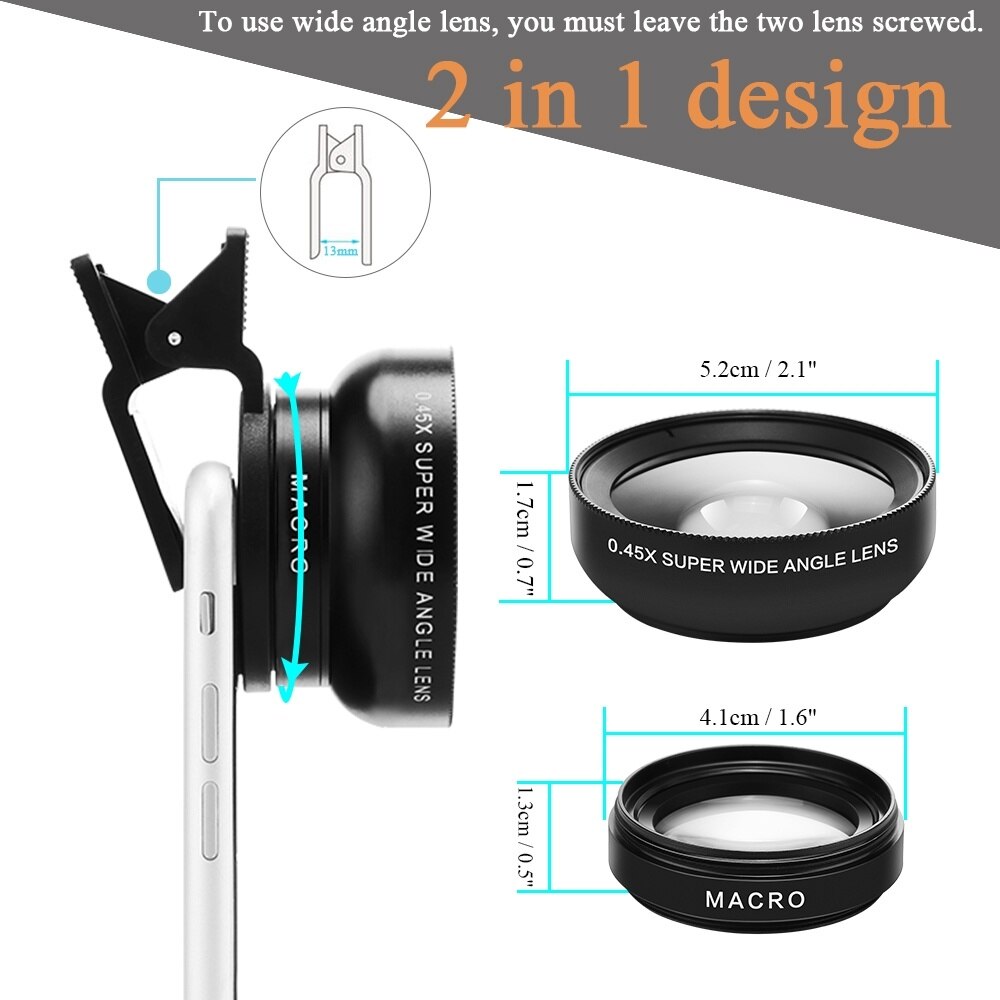 Lente de teléfono móvil con 2 funciones, lente gran angular de 0,45x y macro hd de 12,5x, cámara universal con clip de lente para teléfono iphone y android