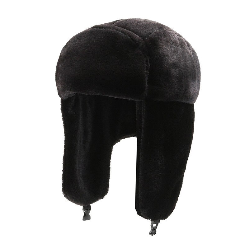 Gorro de esquí de invierno para ciclismo, orejeras cálidas, gruesas, de felpa, con orejeras, para hombres y mujeres, de piel sintética, a prueba de viento, estilo bombardero ruso: Negro