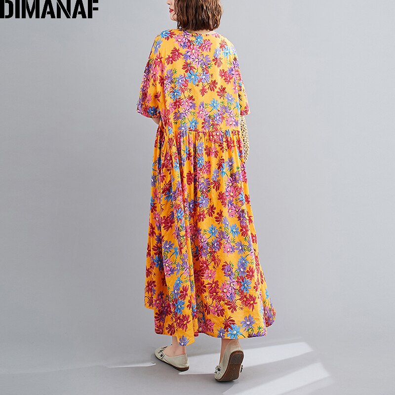 DIMANAF Summer Plus Size Women Dress Print Floral Female Vestidos Sundress Beach Style Loose Pleated Lady Long Dress 5XL