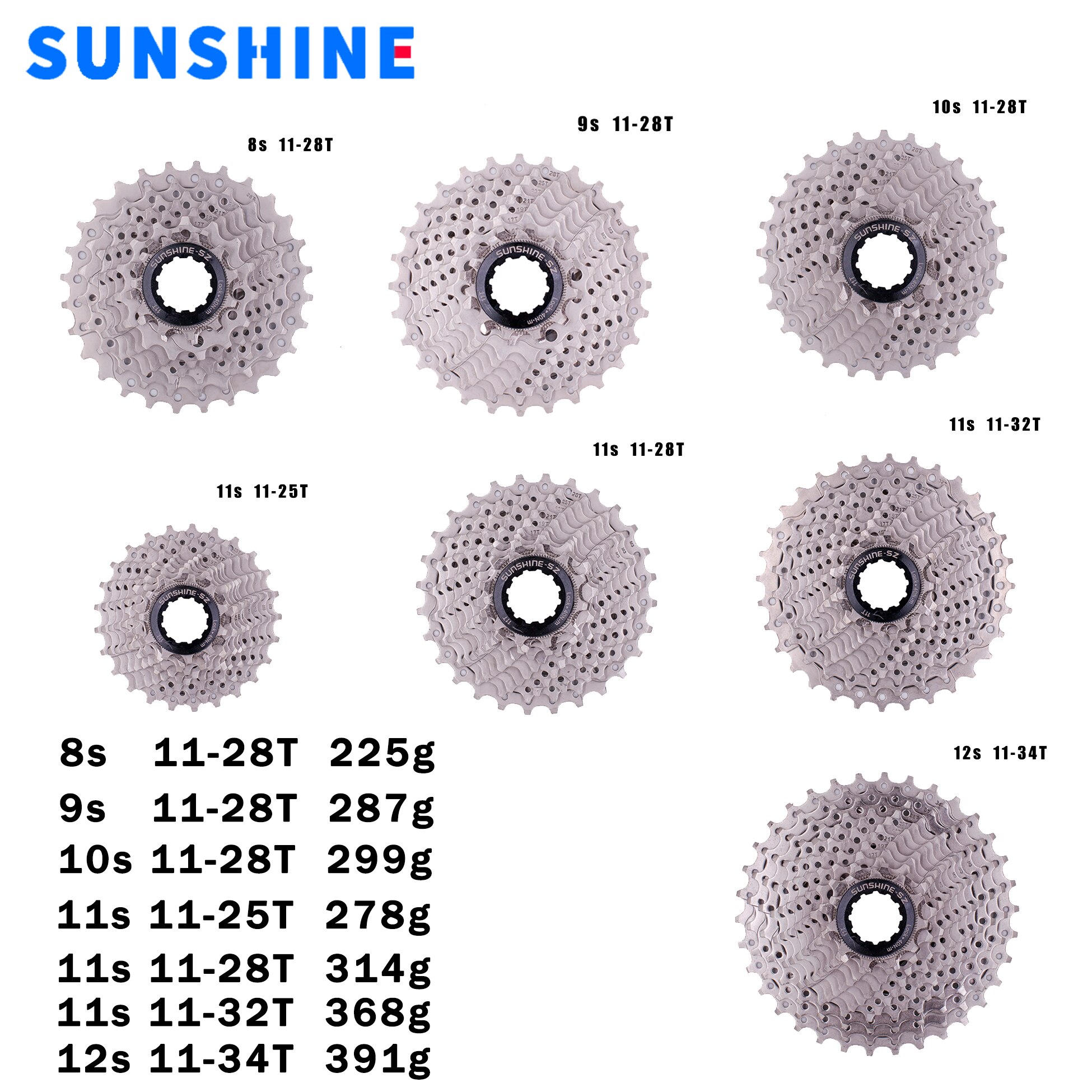 SUNSHINE Road Bike 8 9 10 11 12 s Speed Velocidade 11-25/28T/32T/34T Bicycle Cassette Freewheel Sprocket for SHIMANO