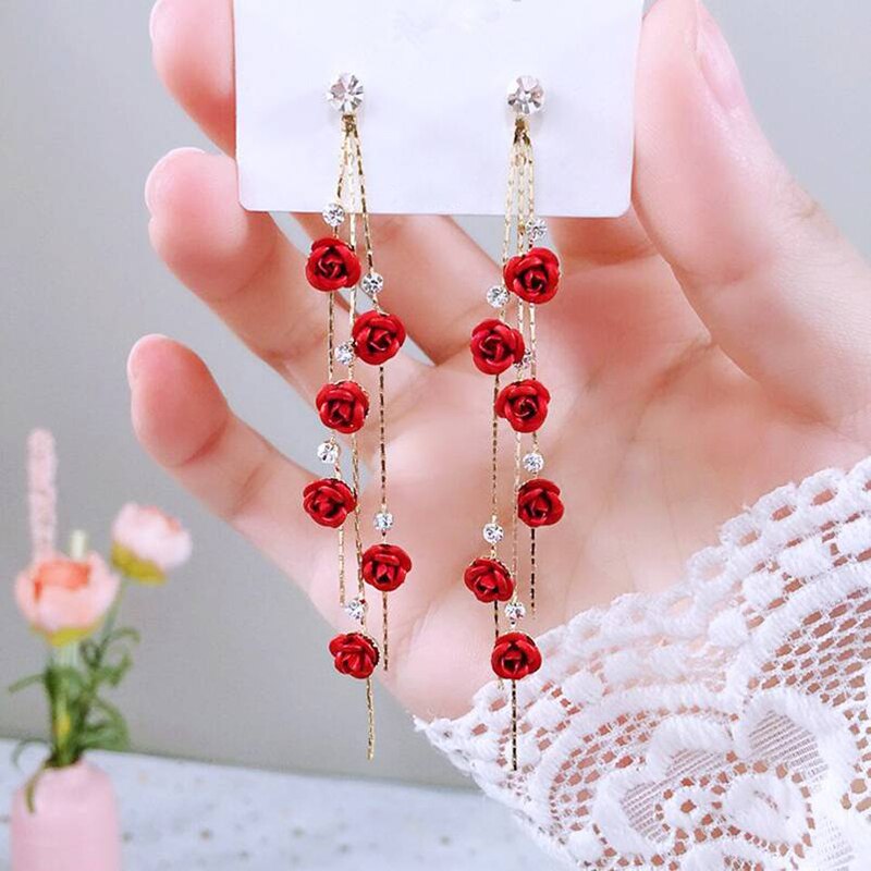Pendientes de gotas de rosa roja para mujer, aretes largos con borlas colgantes, joyería para y boda, ENDQ: Rojo