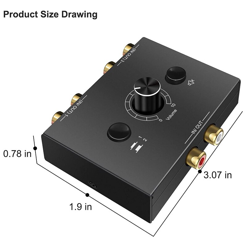 Conmutador bidireccional de Audio estéreo R/L, 2 entradas y 1 salida, R/L, 2x1/1x2, con botón de silencio