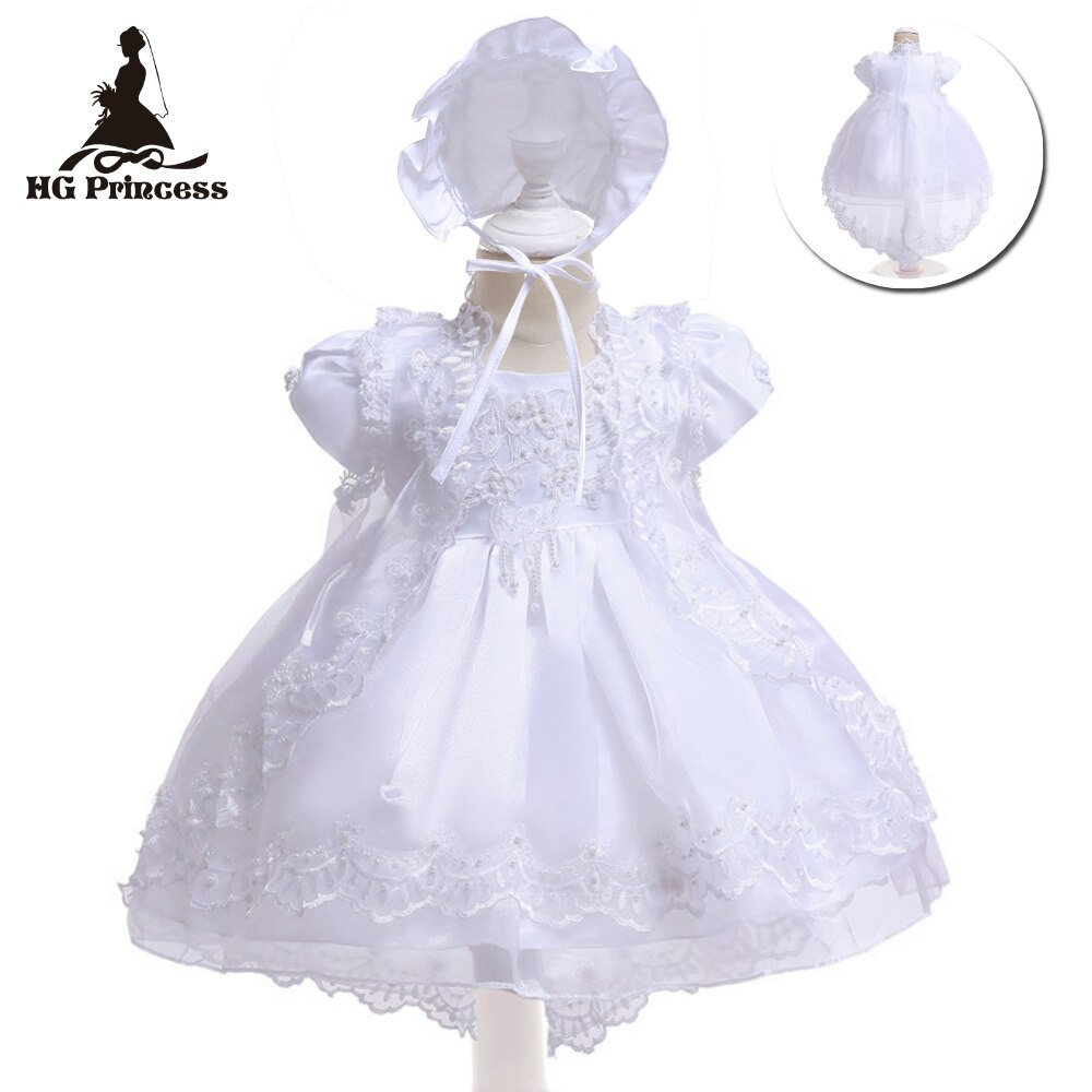 3M-12M Cotton Lining Baby Baptism Dresses Embroidery White Infant Dress Communion Organza Girls Christening Gowns