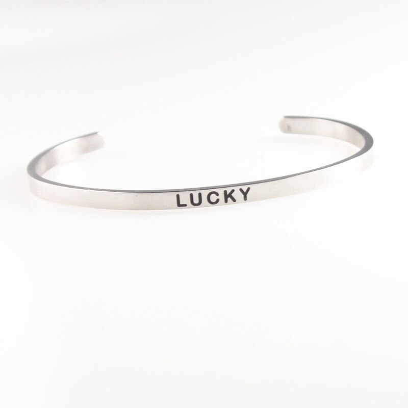 BE HERE NOW Stamped Stainless Steel Bangles Open Cuff Bracelets Women Men Mantra Bracelet Inspirational Jewelry No FADE: LUCKY